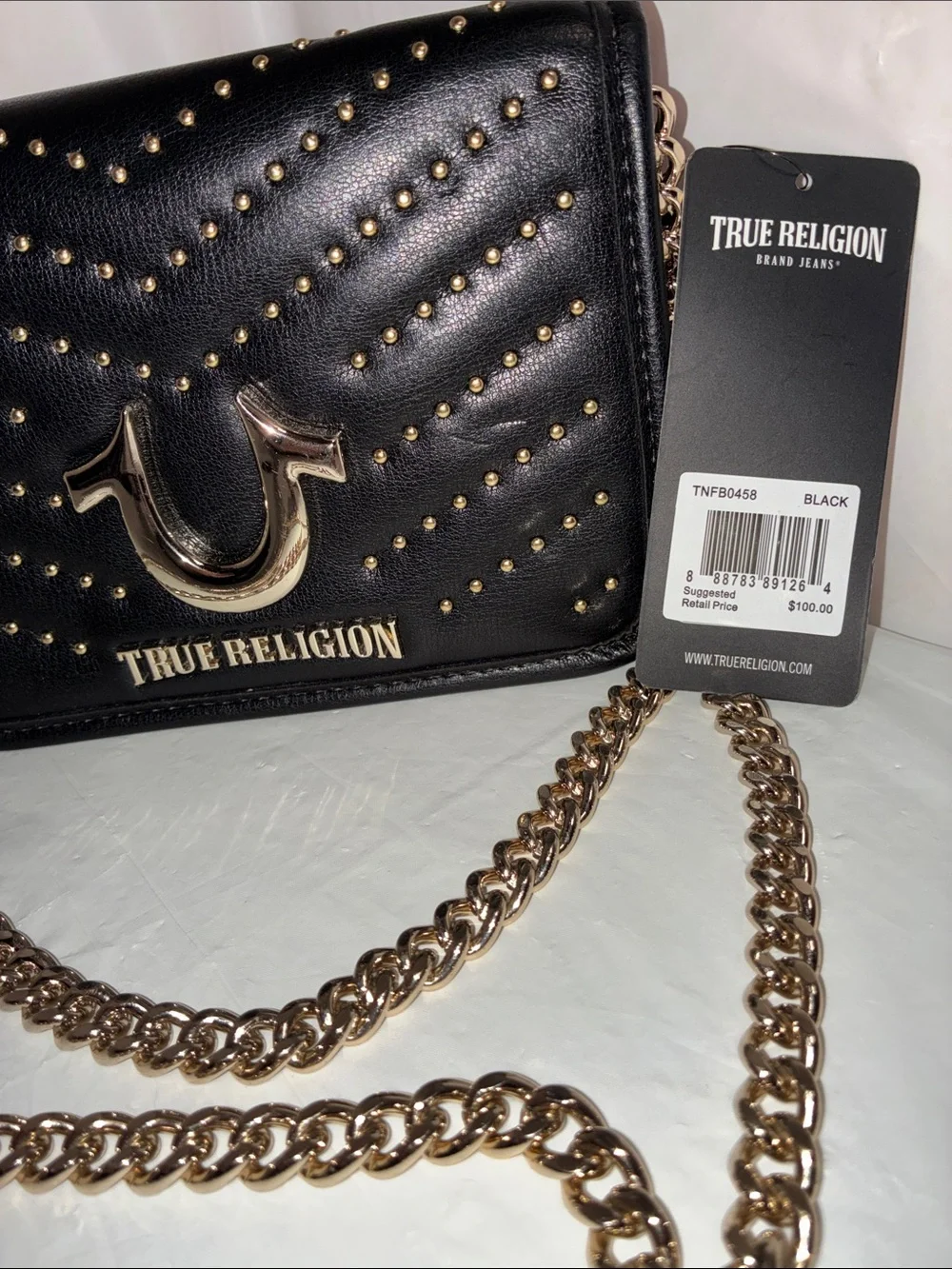 True Religion Black Quilted Studded Crossbody with Gold Chain